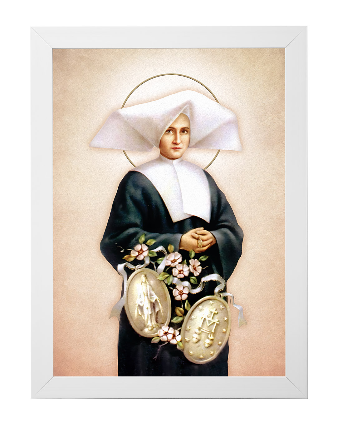 Obraz w rozmiarze 50x70 cm oprawiony w ramę E w kolorze białym. Szerokość ramy ok. 4,5 cm.