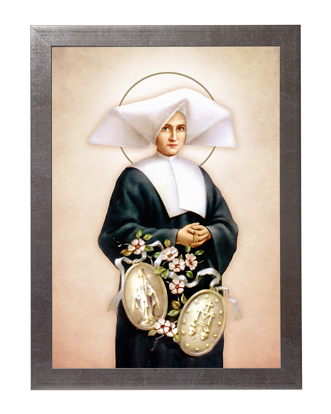 Obraz w rozmiarze 50x70 cm oprawiony w ramę E w kolorze srebrnym. Szerokość ramy ok. 4,5 cm.