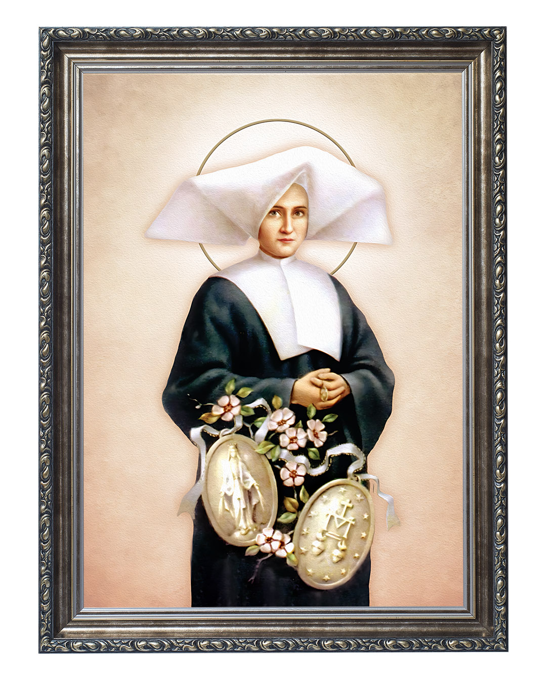 Obraz w rozmiarze 50x70 cm oprawiony w ramę G w kolorze srebrnym. Szerokość ramy ok. 6 cm.