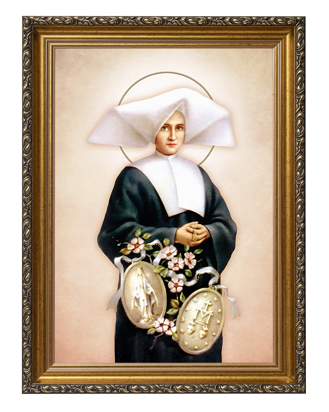 Obraz w rozmiarze 50x70 cm oprawiony w ramę G w kolorze złotym. Szerokość ramy ok. 6 cm.