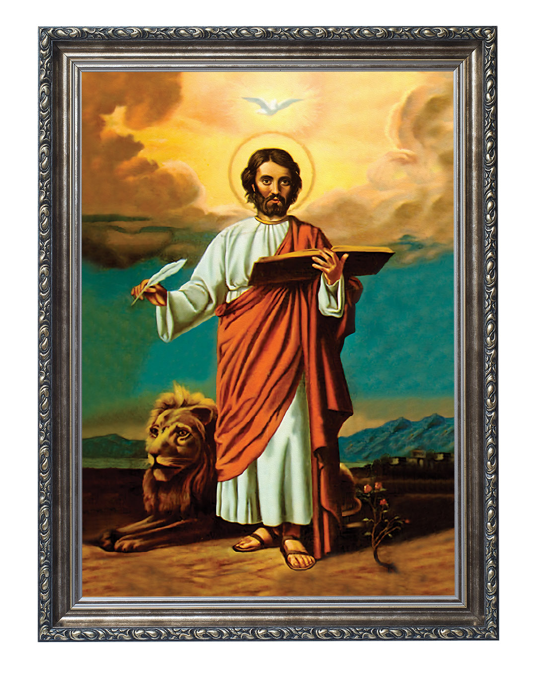 Obraz w rozmiarze 50x70 cm oprawiony w ramę G w kolorze srebrnym. Szerokość ramy ok. 6 cm.