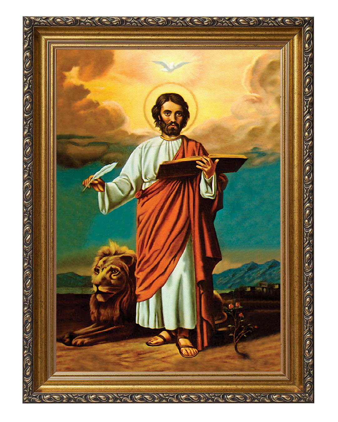 Obraz w rozmiarze 50x70 cm oprawiony w ramę G w kolorze złotym. Szerokość ramy ok. 6 cm.