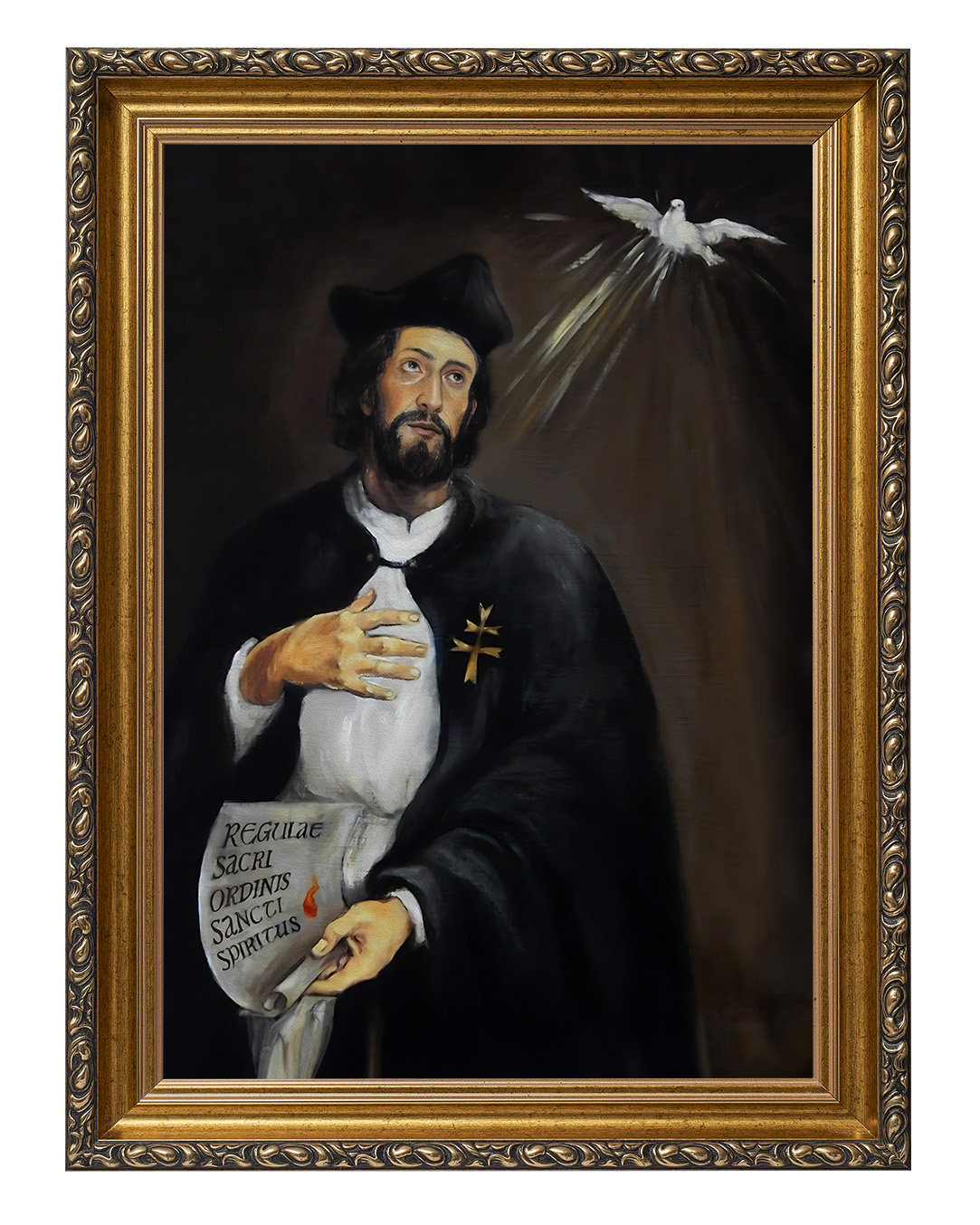 Obraz w rozmiarze 50x70 cm oprawiony w ramę G w kolorze złotym. Szerokość ramy ok. 6 cm.