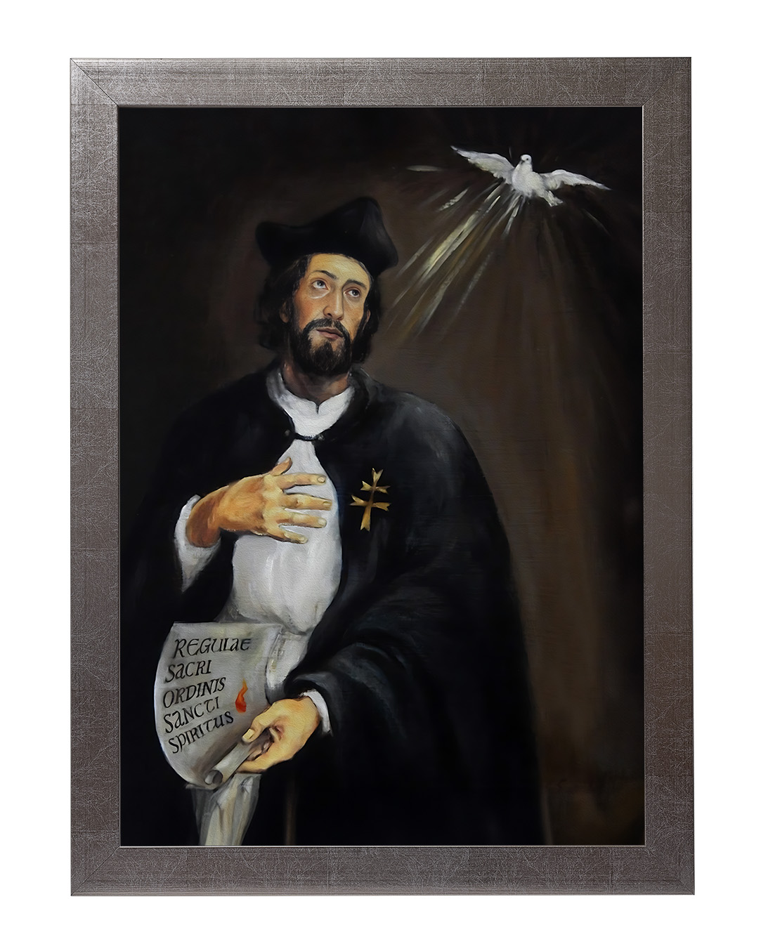 Obraz w rozmiarze 50x70 cm oprawiony w ramę E w kolorze srebrnym. Szerokość ramy ok. 4,5 cm.