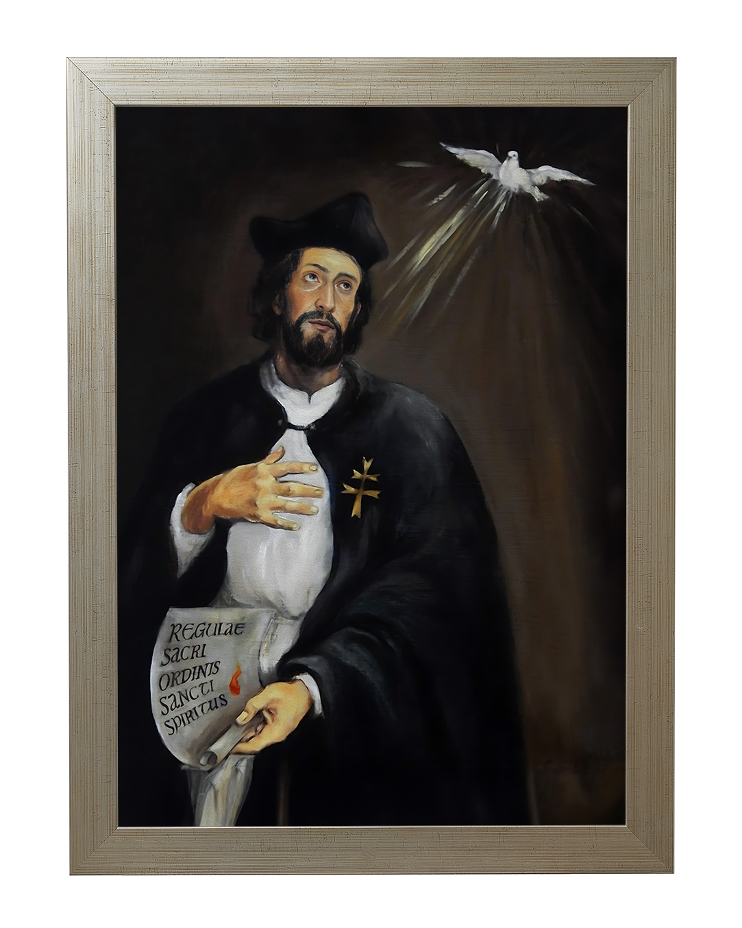 Obraz w rozmiarze 50x70 cm oprawiony w ramę E w kolorze złotym. Szerokość ramy ok. 4,5 cm.