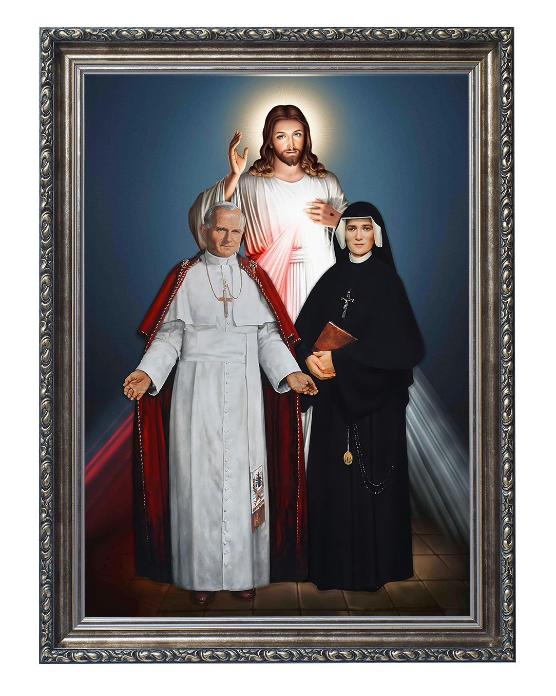 Obraz w rozmiarze 50x70 cm oprawiony w ramę G w kolorze srebrnym. Szerokość ramy ok. 6 cm.