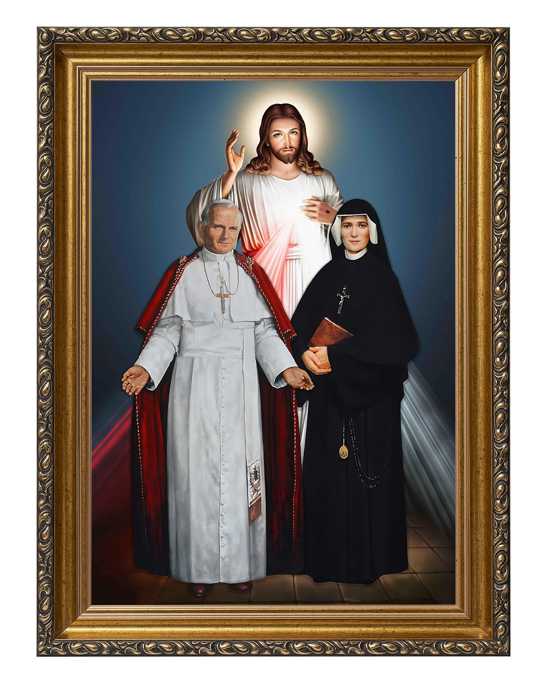 Obraz w rozmiarze 50x70 cm oprawiony w ramę G w kolorze złotym. Szerokość ramy ok. 6 cm.