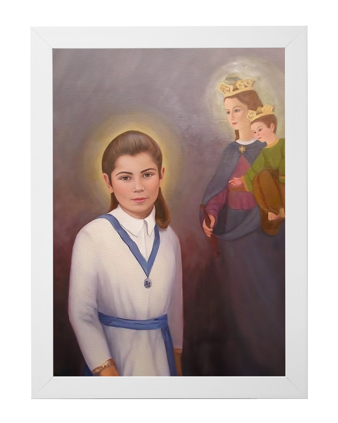 Obraz w rozmiarze 50x70 cm oprawiony w ramę E w kolorze białym. Szerokość ramy ok. 4,5 cm.