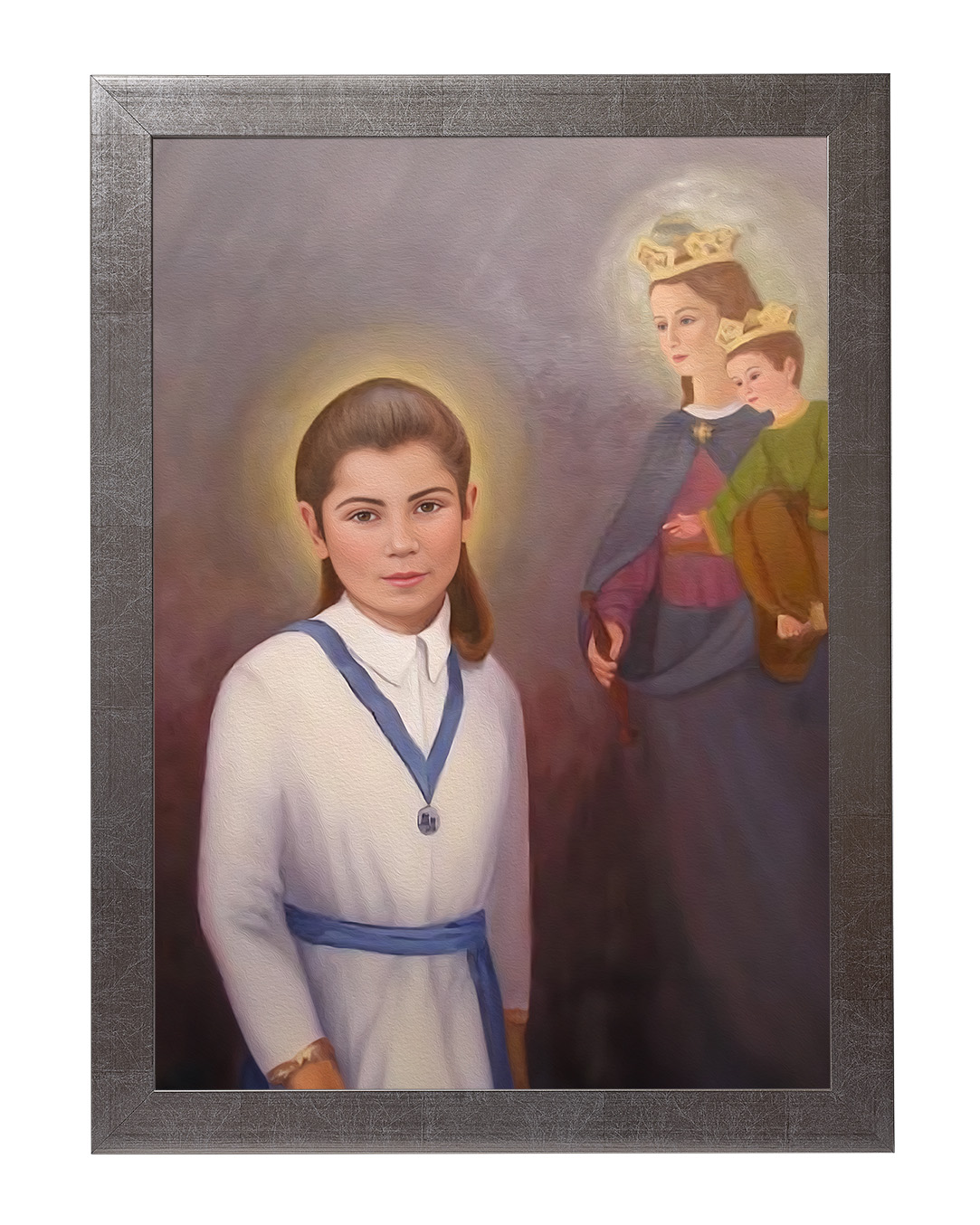 Obraz w rozmiarze 50x70 cm oprawiony w ramę E w kolorze srebrnym. Szerokość ramy ok. 4,5 cm.