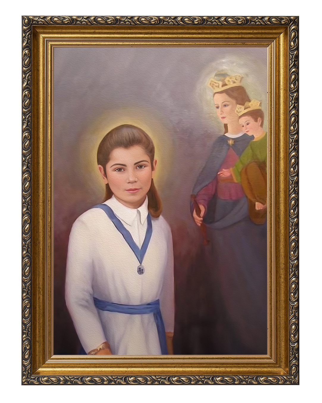 Obraz w rozmiarze 50x70 cm oprawiony w ramę G w kolorze złotym. Szerokość ramy ok. 6 cm.