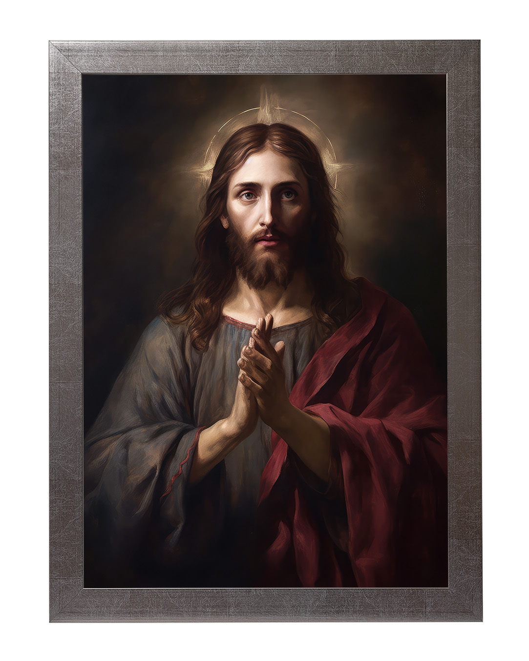 Obraz w rozmiarze 50x70 cm oprawiony w ramę E w kolorze srebrnym. Szerokość ramy ok. 4,5 cm.