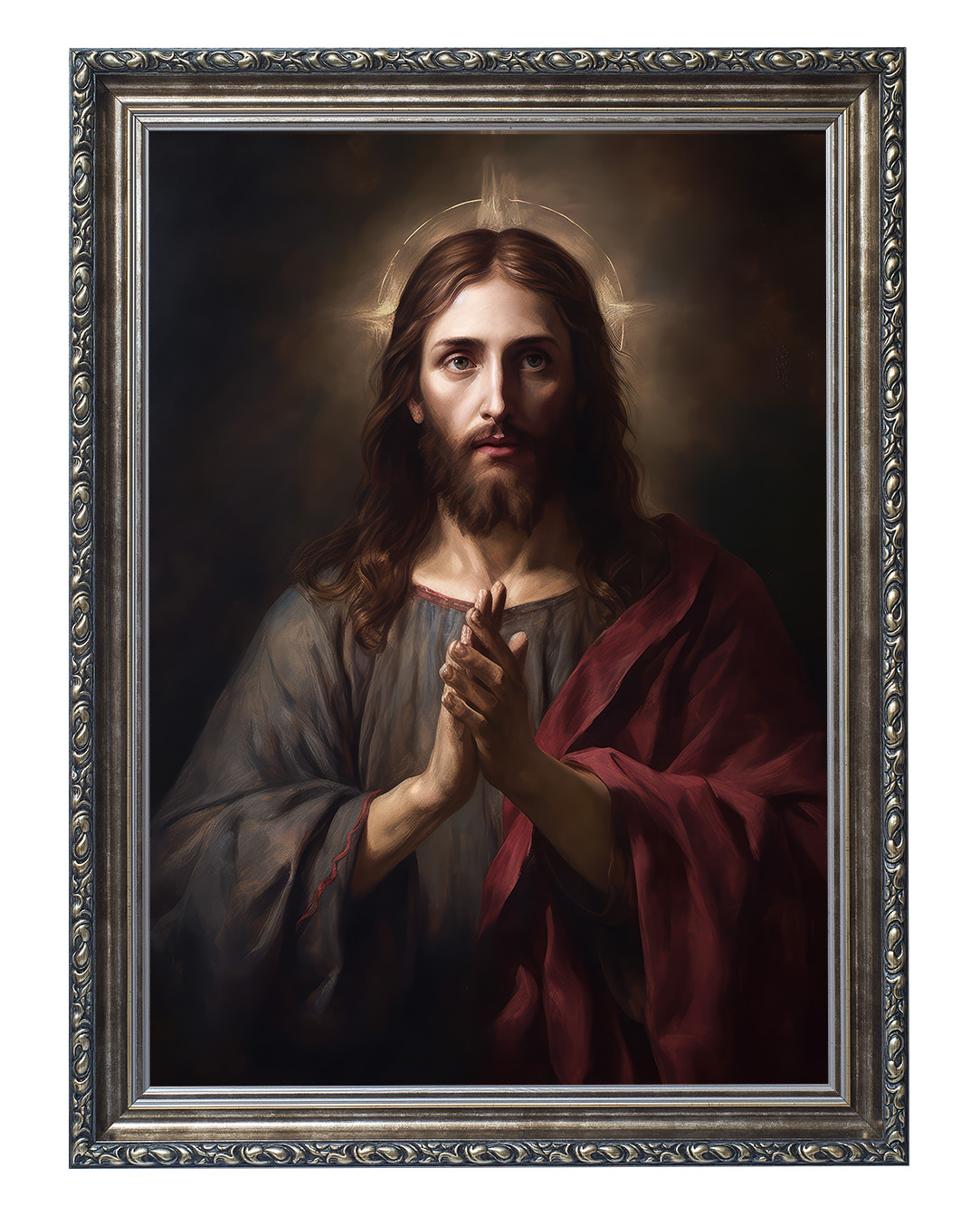 Obraz w rozmiarze 50x70 cm oprawiony w ramę G w kolorze srebrnym. Szerokość ramy ok. 6 cm.