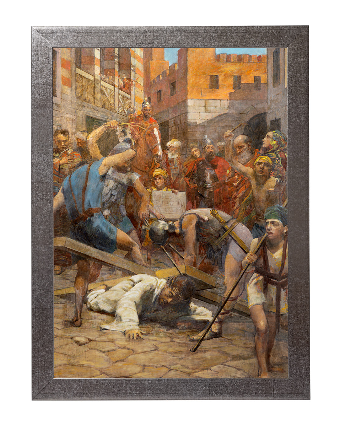 Obraz w rozmiarze 50x70 cm oprawiony w ramę E w kolorze srebrnym. Szerokość ramy ok. 4,5 cm.