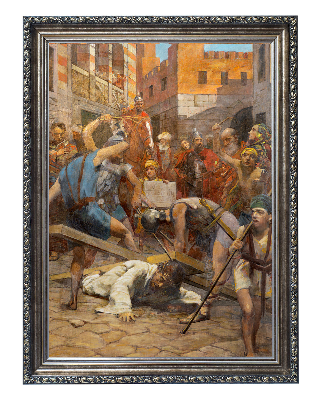 Obraz w rozmiarze 50x70 cm oprawiony w ramę G w kolorze srebrnym. Szerokość ramy ok. 6 cm.