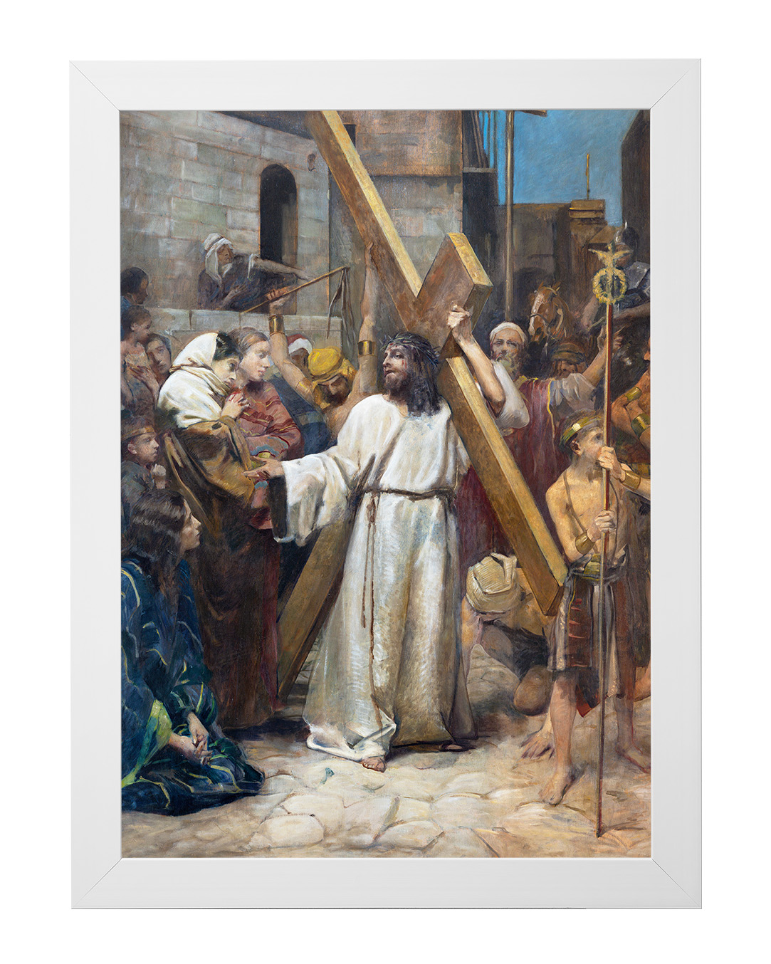 Obraz w rozmiarze 50x70 cm oprawiony w ramę E w kolorze białym. Szerokość ramy ok. 4,5 cm.