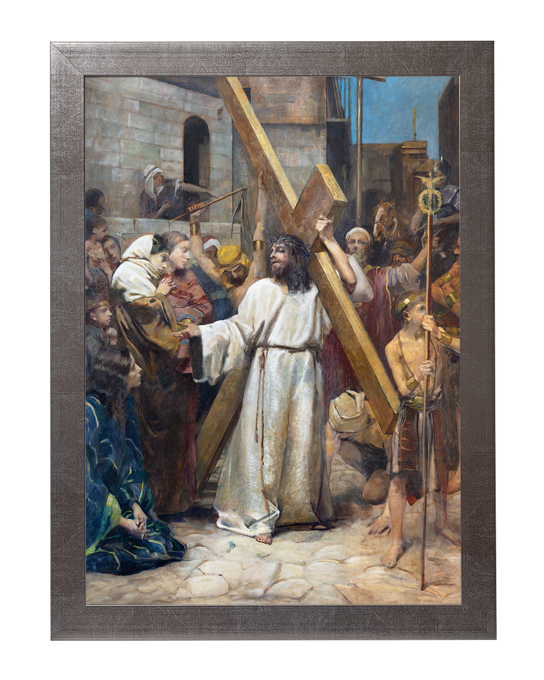 Obraz w rozmiarze 50x70 cm oprawiony w ramę E w kolorze srebrnym. Szerokość ramy ok. 4,5 cm.