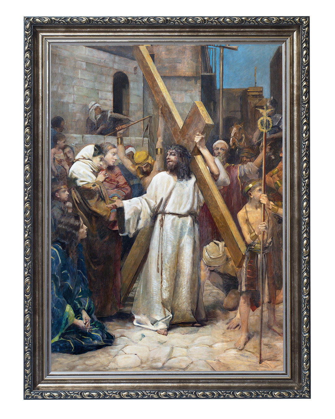 Obraz w rozmiarze 50x70 cm oprawiony w ramę G w kolorze srebrnym. Szerokość ramy ok. 6 cm.