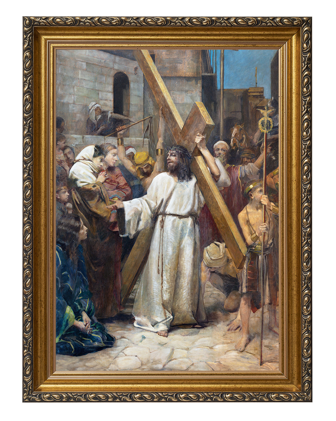 Obraz w rozmiarze 50x70 cm oprawiony w ramę G w kolorze złotym. Szerokość ramy ok. 6 cm.