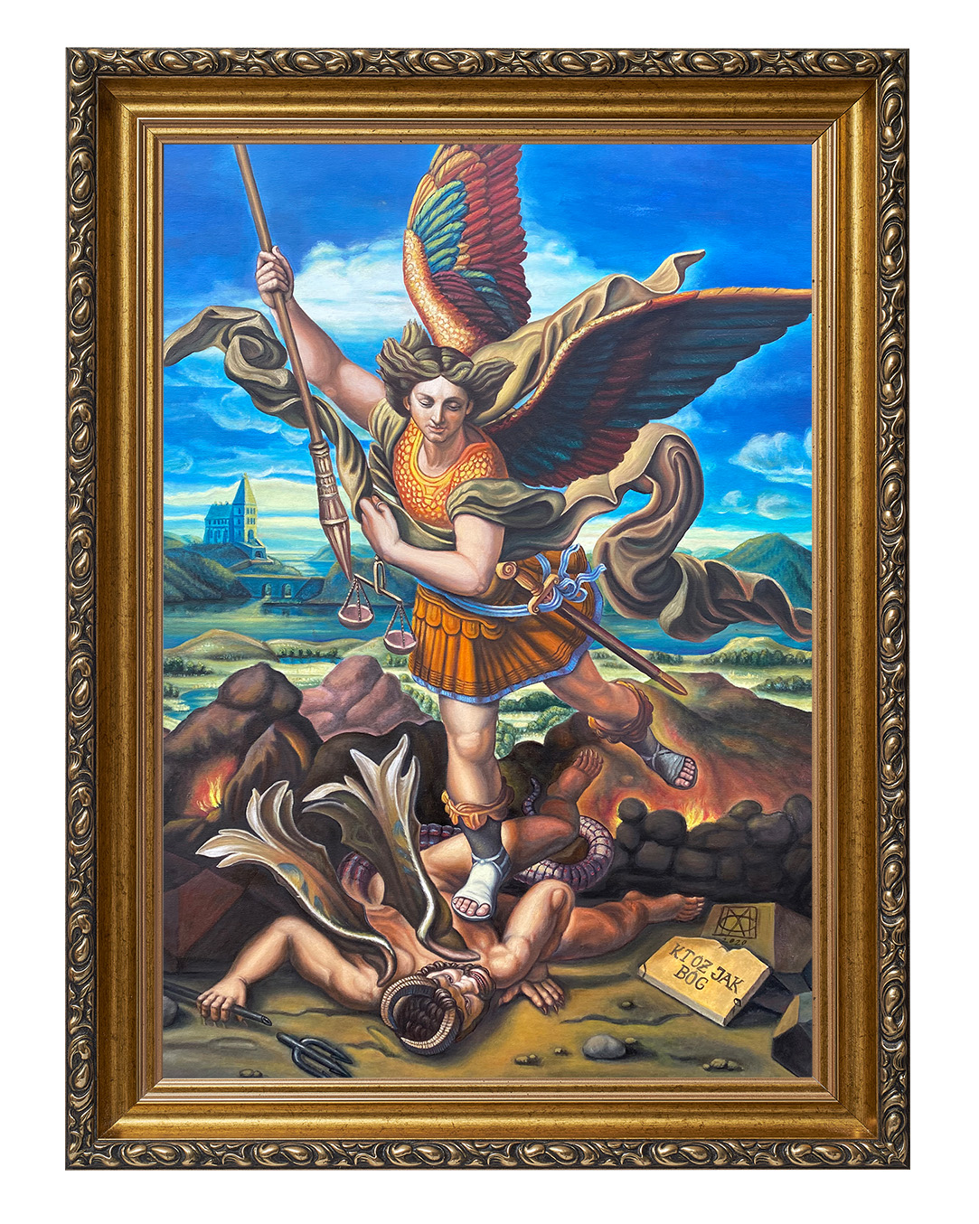 Obraz w rozmiarze 50x70 cm oprawiony w ramę G w kolorze złotym. Szerokość ramy: 6 cm.