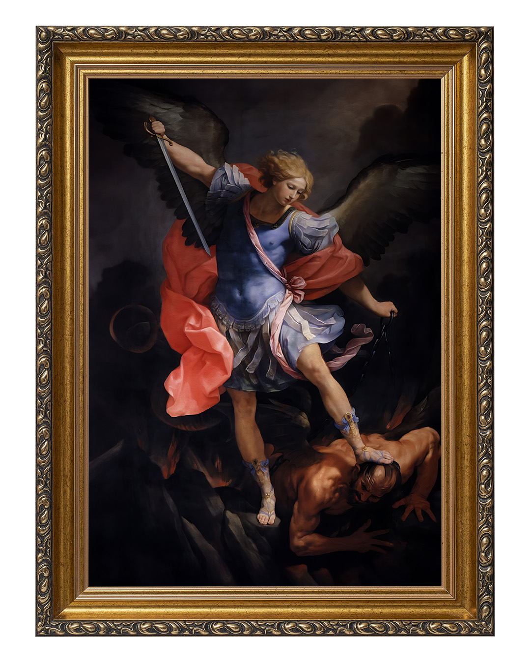 Obraz w rozmiarze 50x70 cm oprawiony w ramę G w kolorze złotym. Szerokość ramy: 6 cm.