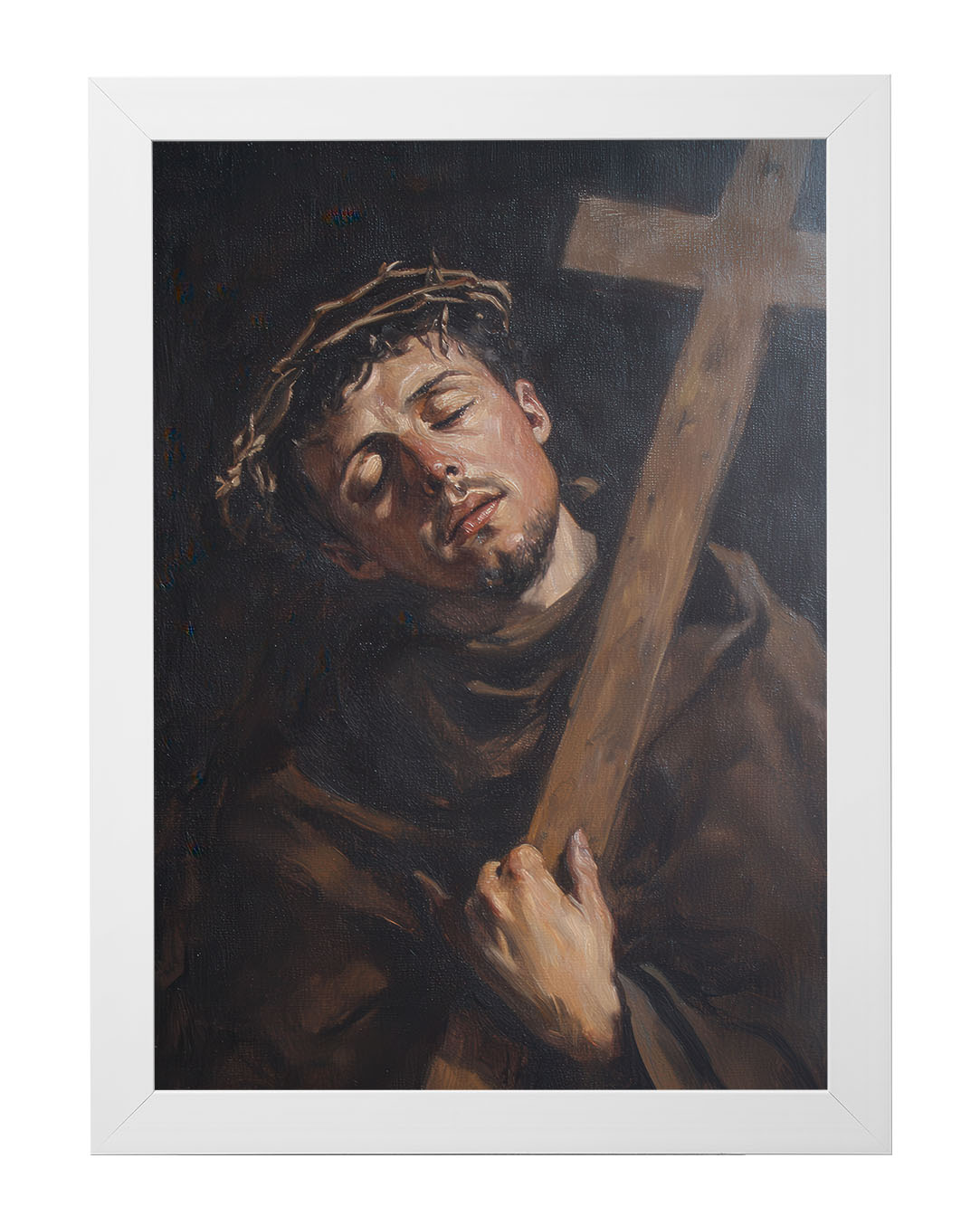 Obraz w rozmiarze 50x70 cm oprawiony w ramę E w kolorze białym. Szerokość ramy: 4,5 cm.