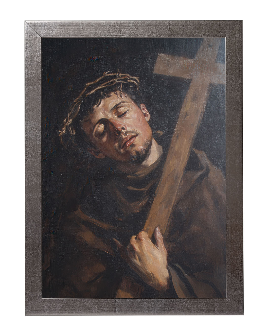 Obraz w rozmiarze 50x70 cm oprawiony w ramę E w kolorze srebrnym. Szerokość ramy: 4,5 cm.