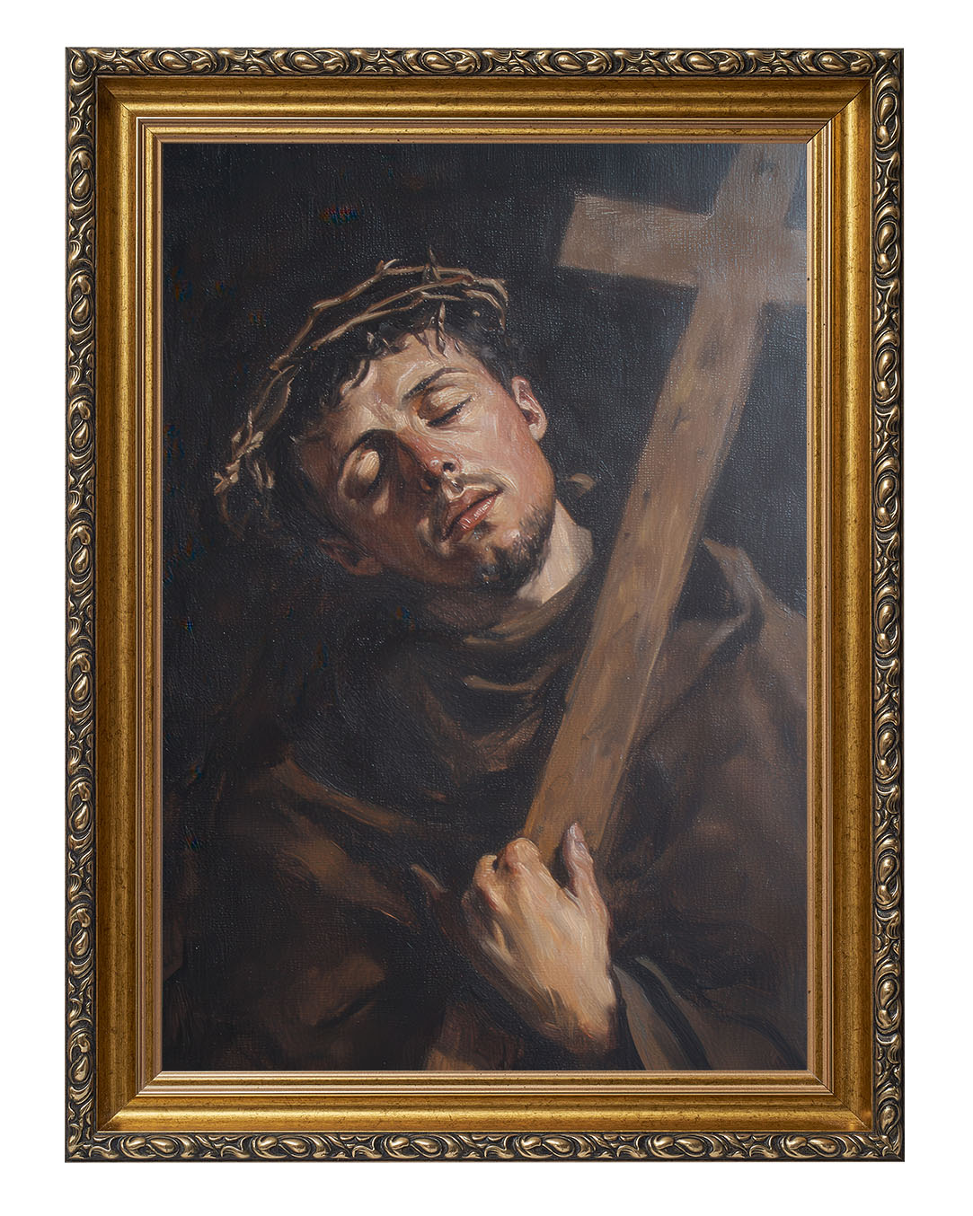 Obraz w rozmiarze 50x70 cm oprawiony w ramę G w kolorze złotym. Szerokość ramy: 6 cm.