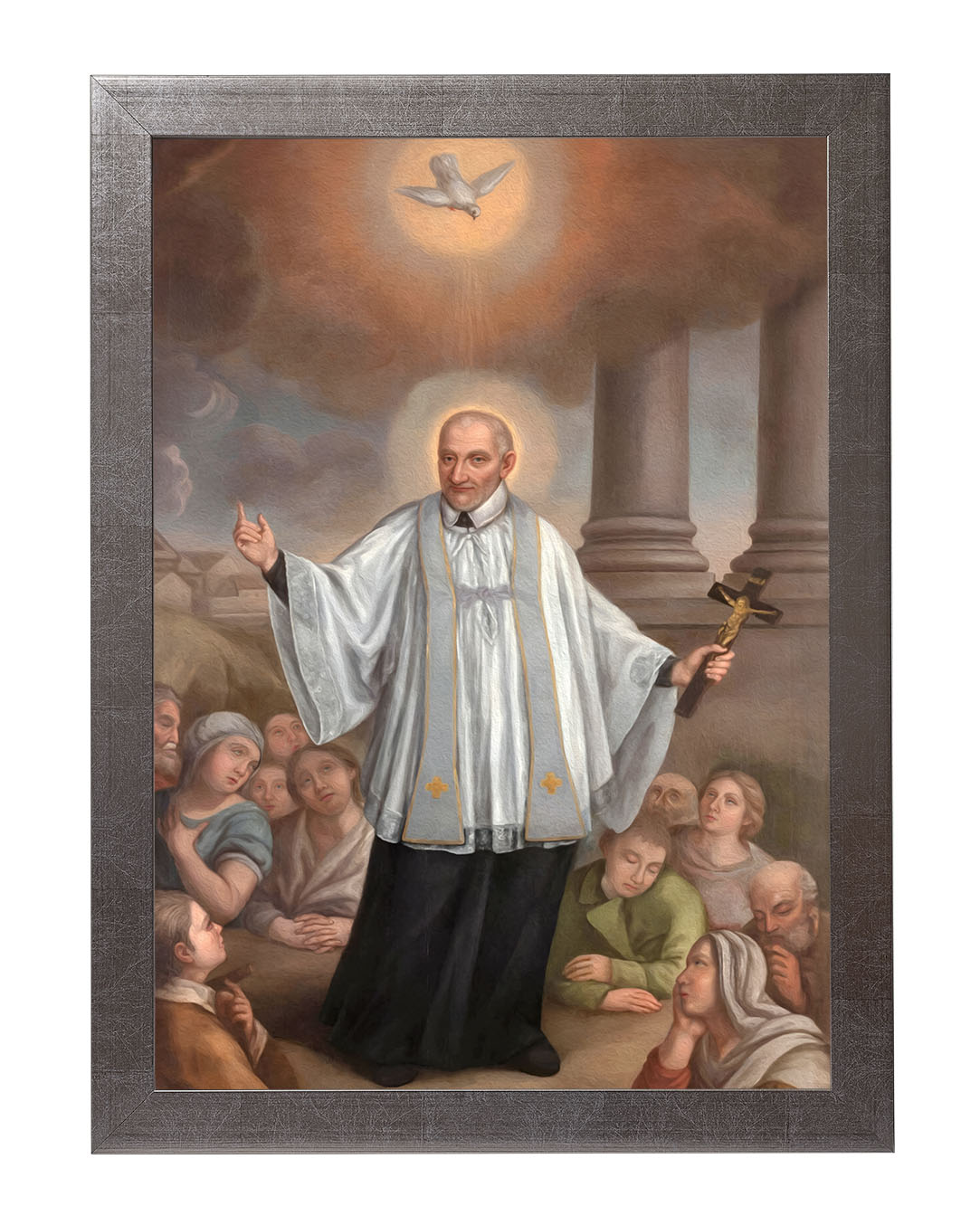 Obraz w rozmiarze 50x70 cm oprawiony w ramę E w kolorze srebrnym. Szerokość ramy: 4,5 cm.