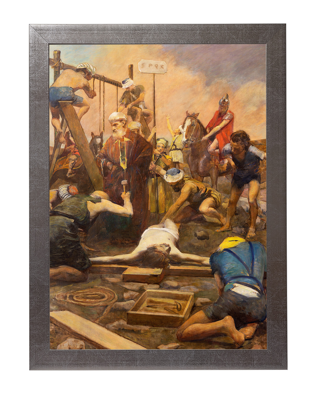 Obraz w rozmiarze 50x70 cm oprawiony w ramę E w kolorze srebrnym. Szerokość ramy ok. 4,5 cm.