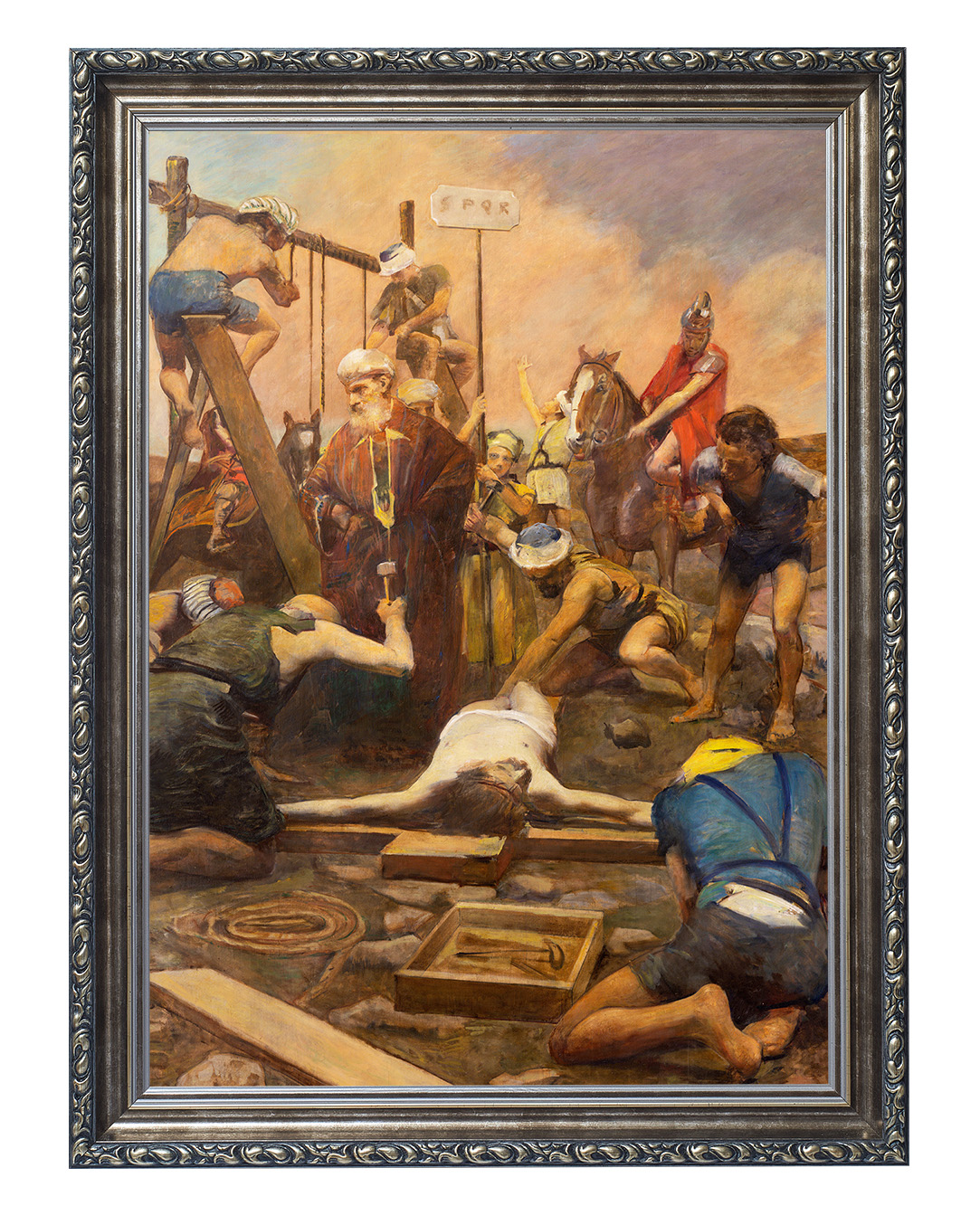 Obraz w rozmiarze 50x70 cm oprawiony w ramę G w kolorze srebrnym. Szerokość ramy ok. 6 cm.