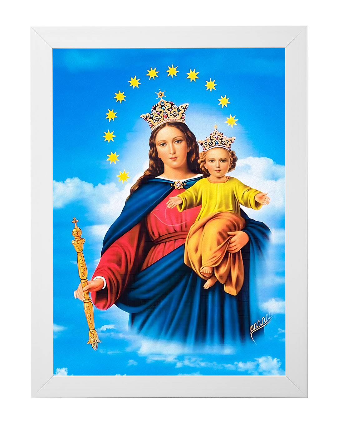 Obraz w rozmiarze 50x70 cm oprawiony w ramę E w kolorze białym. Szerokość ramy ok. 4,5 cm.