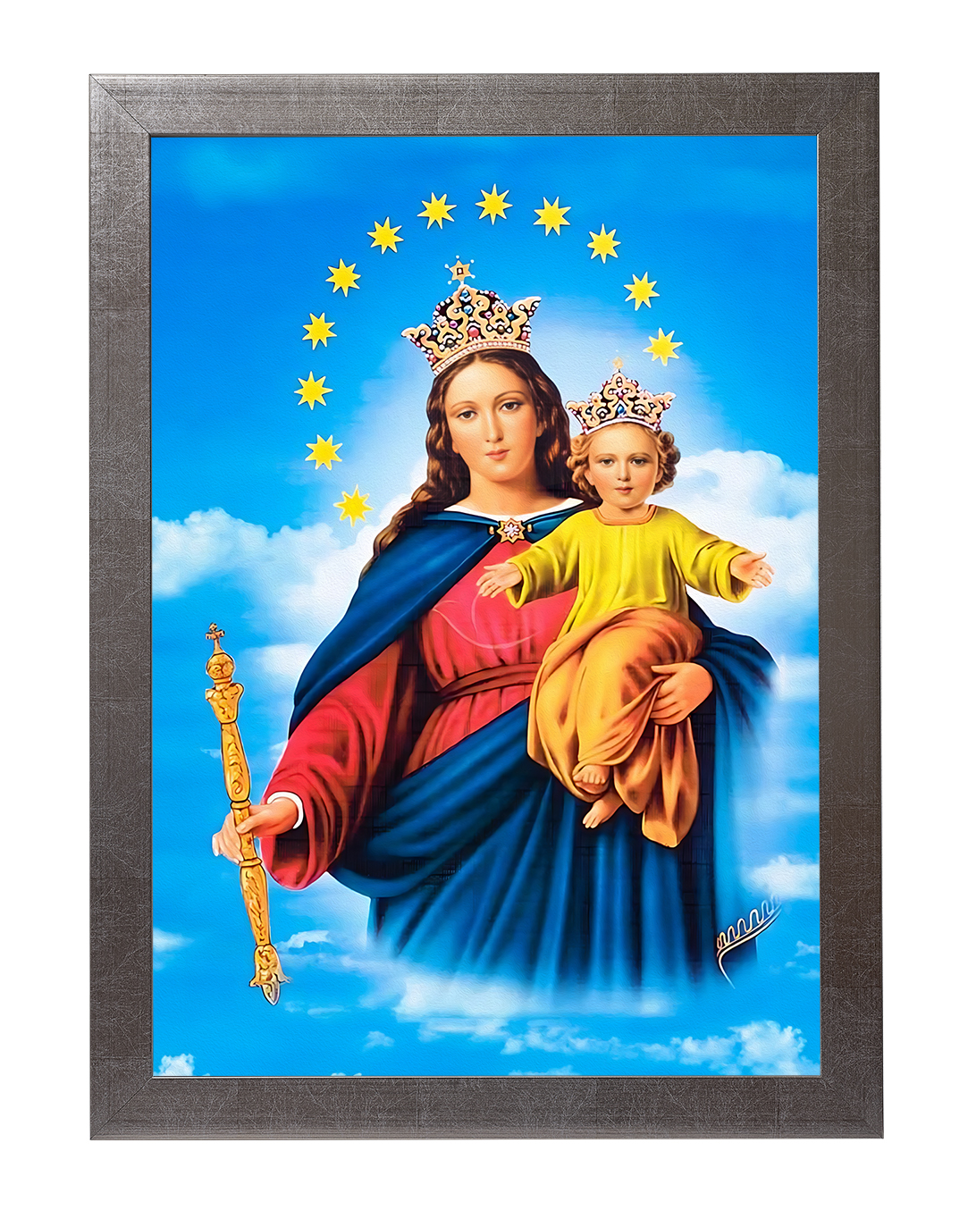 Obraz w rozmiarze 50x70 cm oprawiony w ramę E w kolorze srebrnym. Szerokość ramy ok. 4,5 cm.