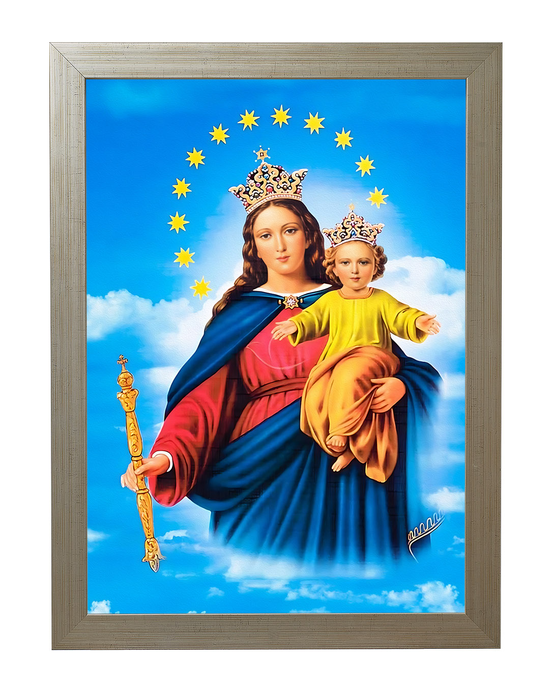 Obraz w rozmiarze 50x70 cm oprawiony w ramę E w kolorze złotym. Szerokość ramy ok. 4,5 cm.