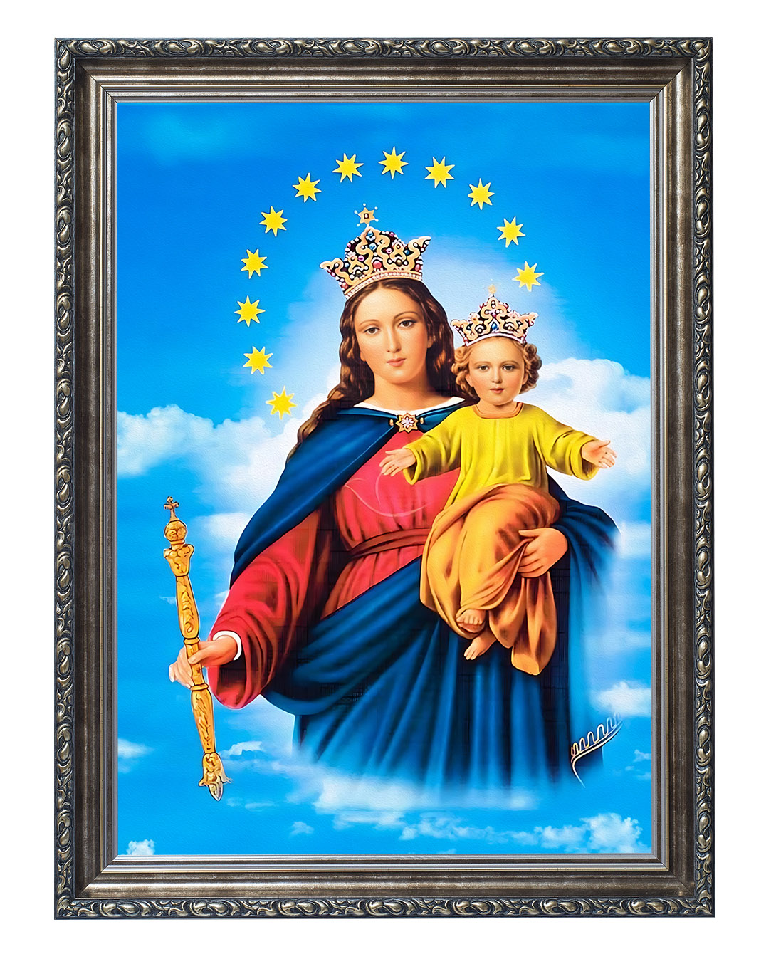 Obraz w rozmiarze 50x70 cm oprawiony w ramę G w kolorze srebrnym. Szerokość ramy ok. 6 cm.