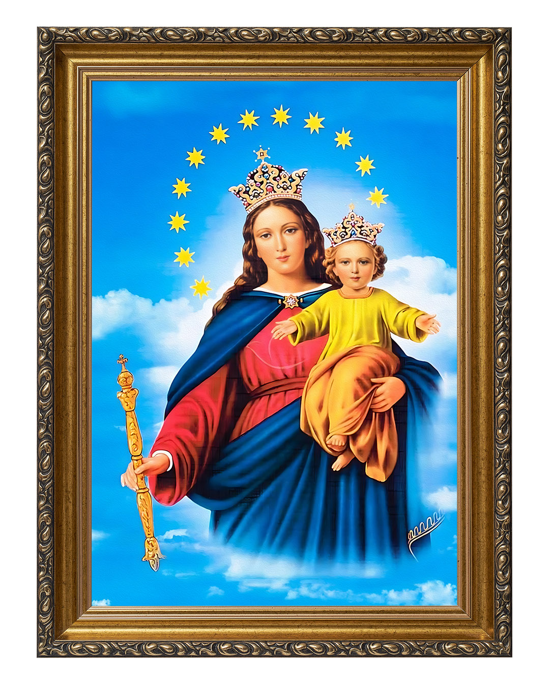 Obraz w rozmiarze 50x70 cm oprawiony w ramę G w kolorze złotym. Szerokość ok. 6 cm.