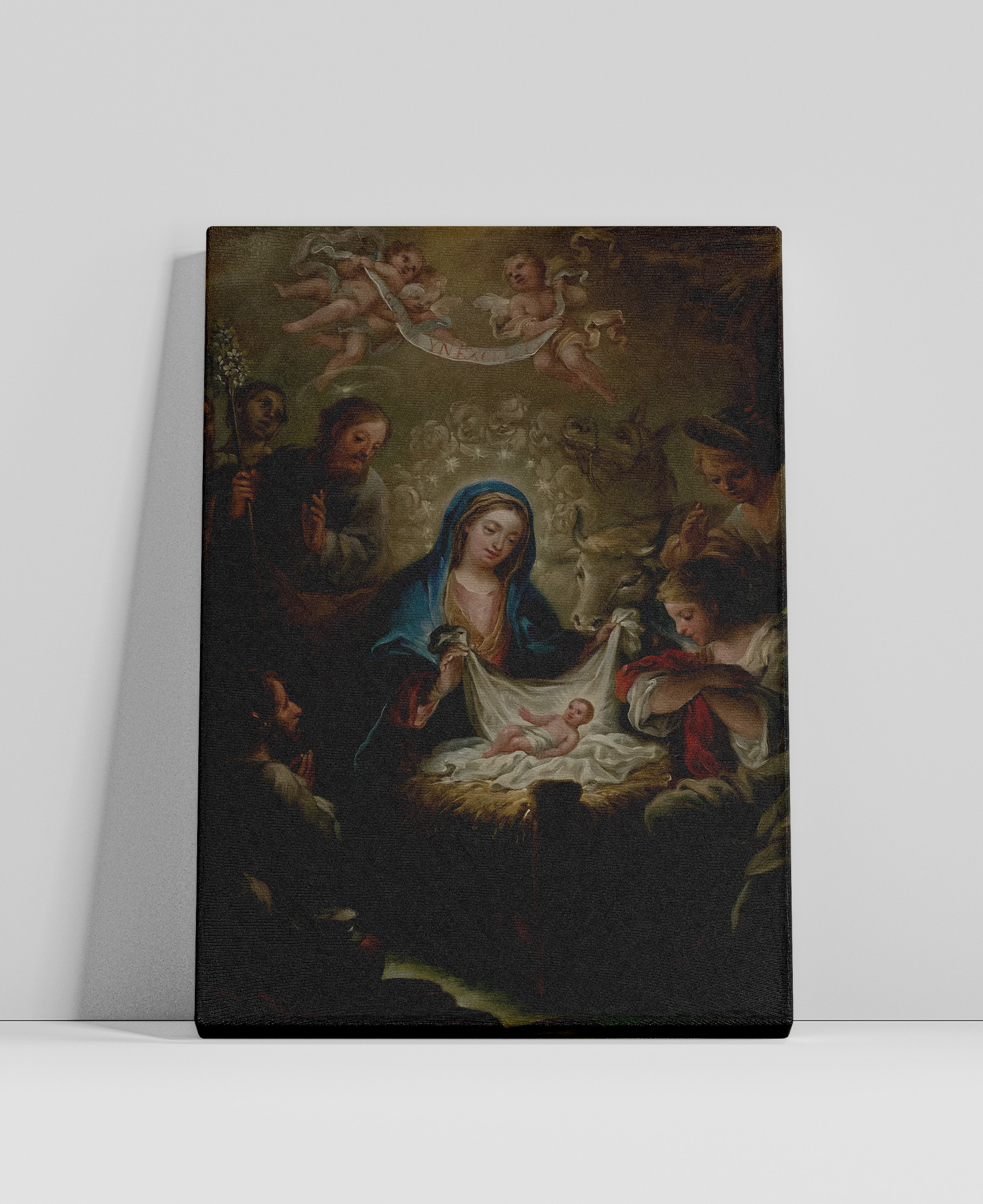 Obraz narodzin Pana Jezusa na płótnie. Malarstwo religijne.