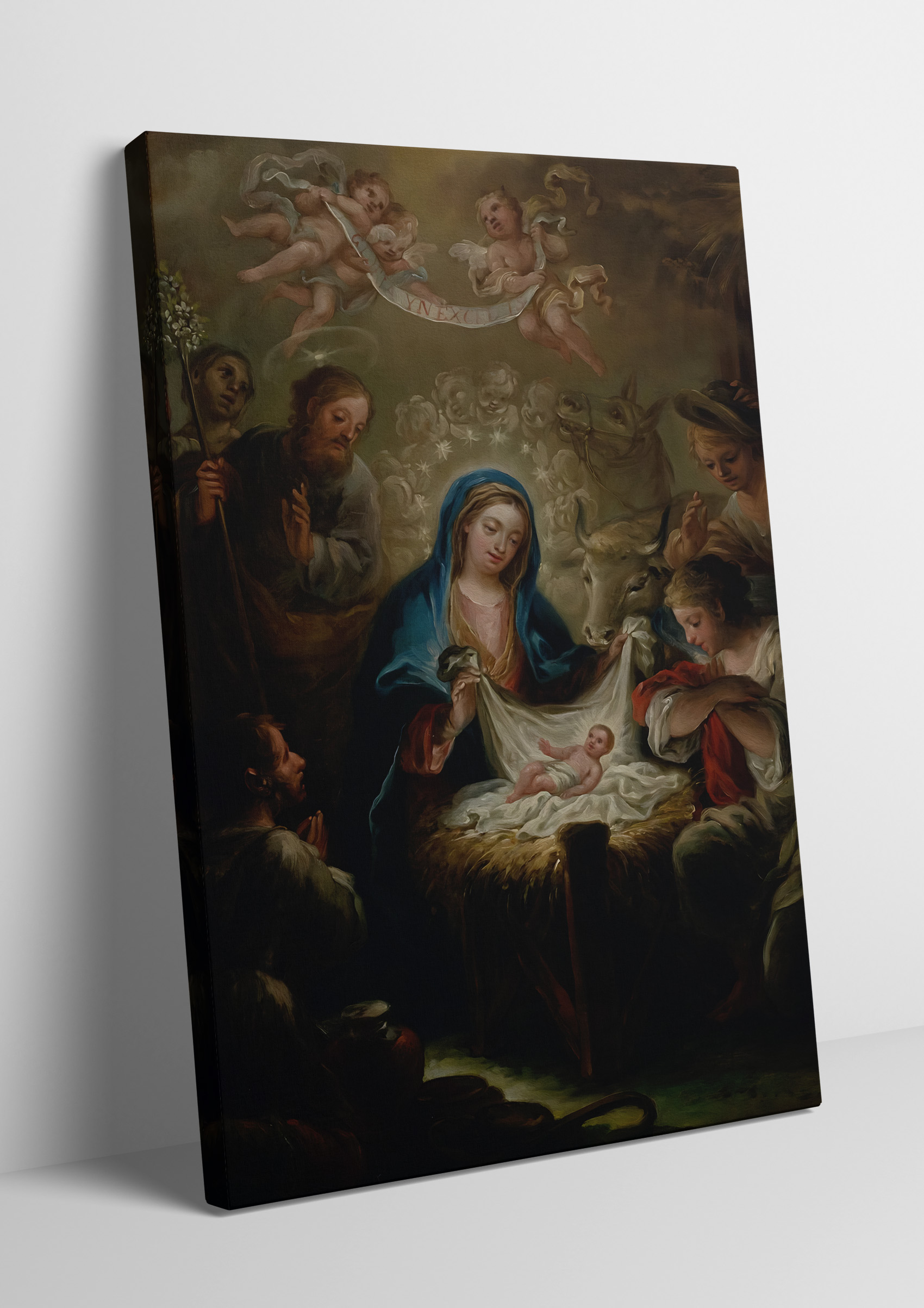 Obraz narodzin Pana Jezusa na płótnie. Malarstwo religijne.