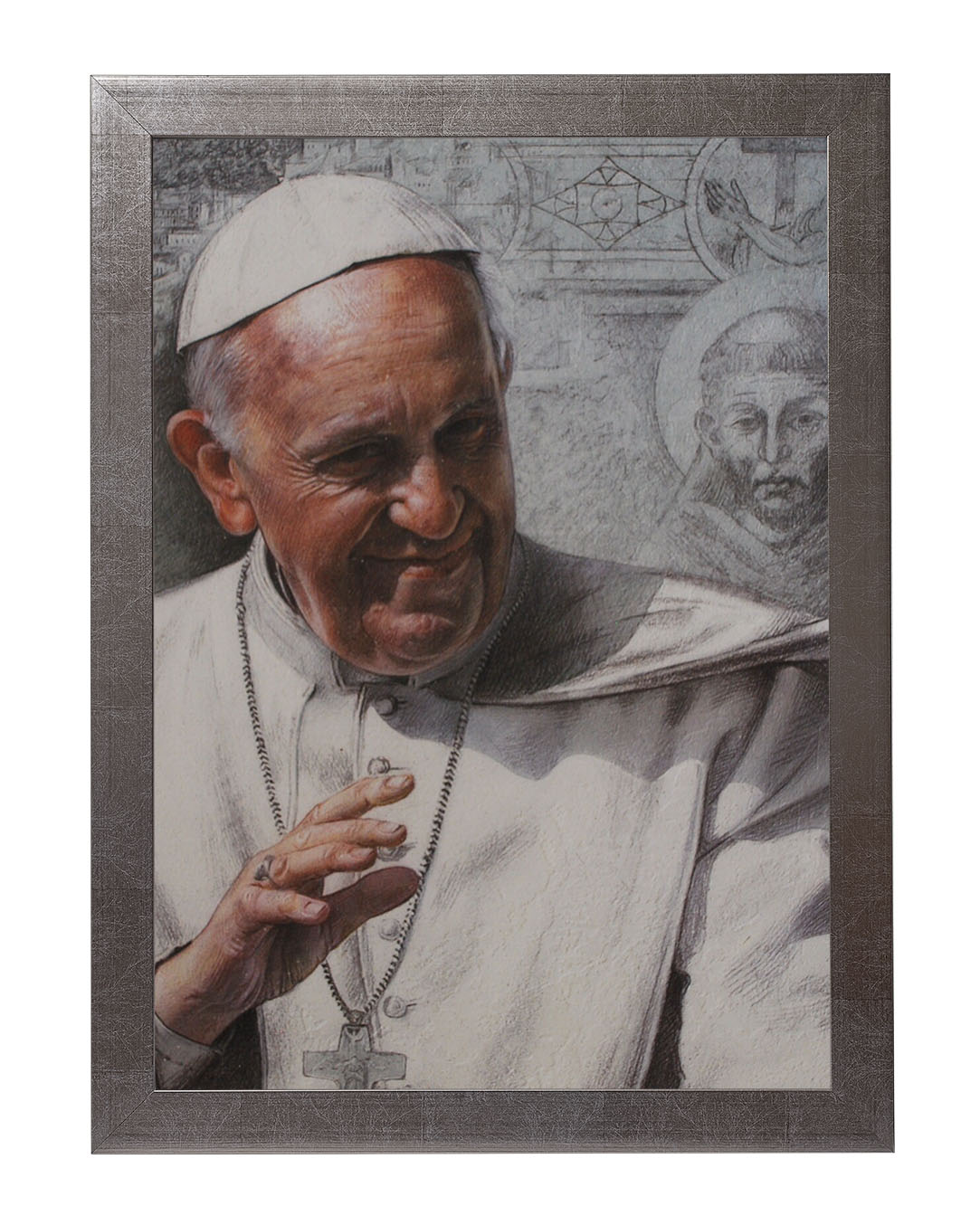 Obraz w rozmiarze 50x70 cm oprawiony w ramę E w kolorze srebrnym. Szerokość ramy: 4,5 cm.