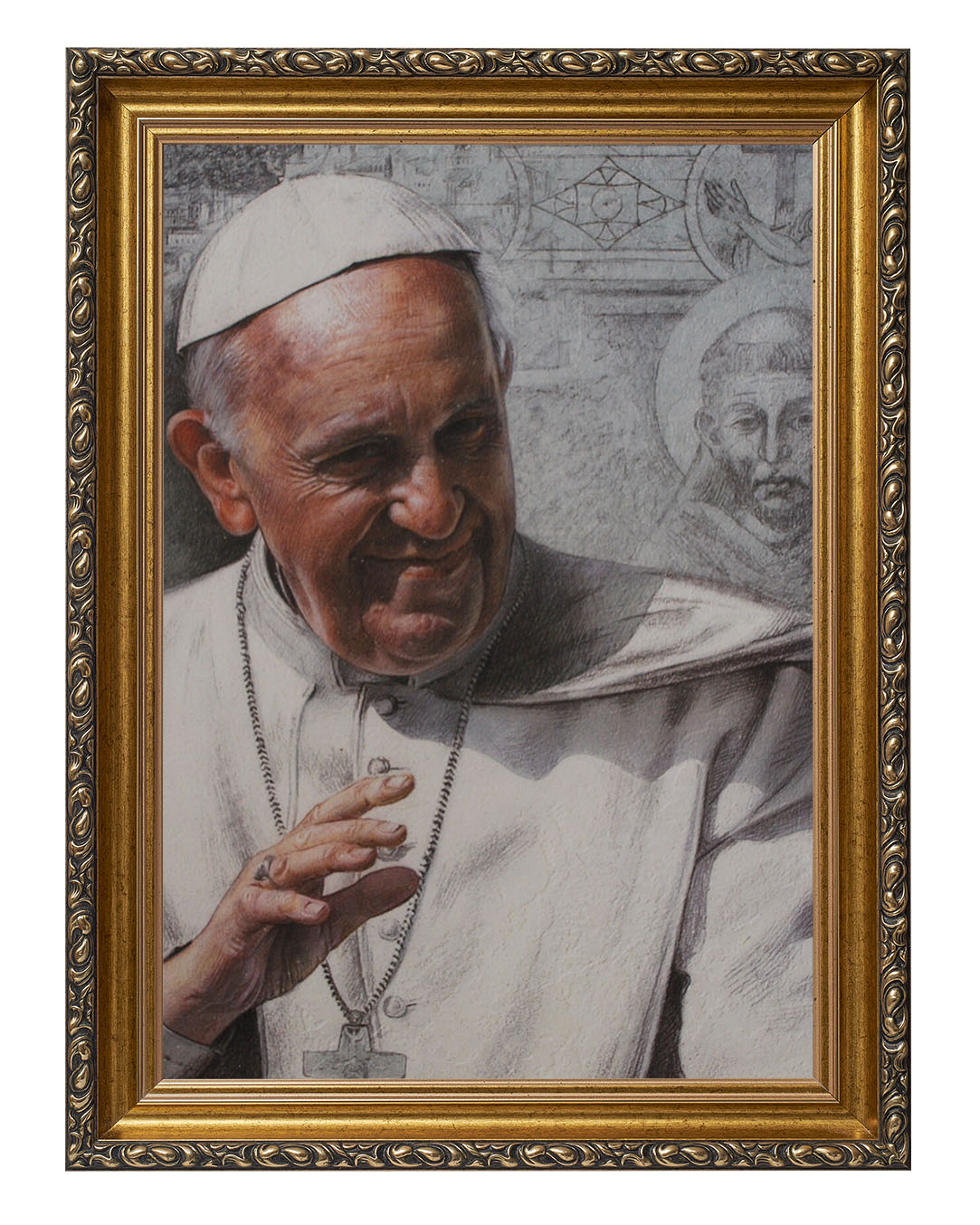 Obraz w rozmiarze 50x70 cm oprawiony w ramę G w kolorze złotym. Szerokość ramy: 6 cm.