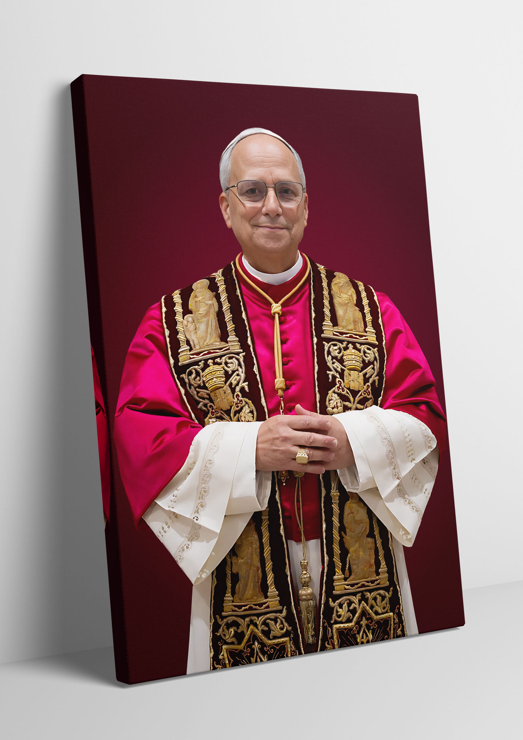 Obraz z wizerunkiem Papieża Leona XIV na płótnie.Obraz w rozmiarze 50x70 cm oprawiony w ramę B. Szer