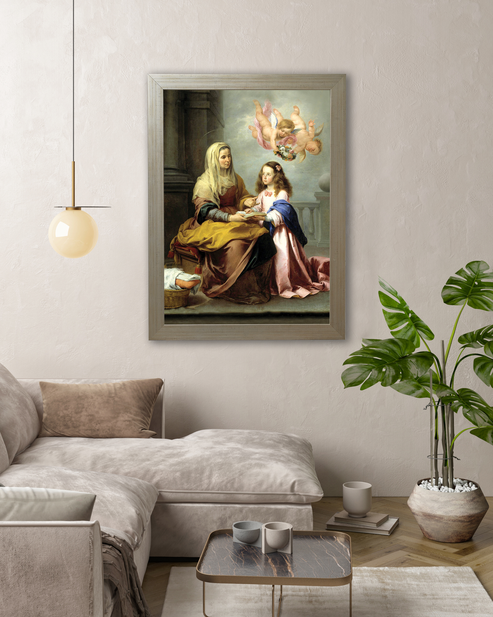 Obraz "Świętej Anny uczącej Marię" na płótnie oprawiony w ramę E w kolorze złotym.