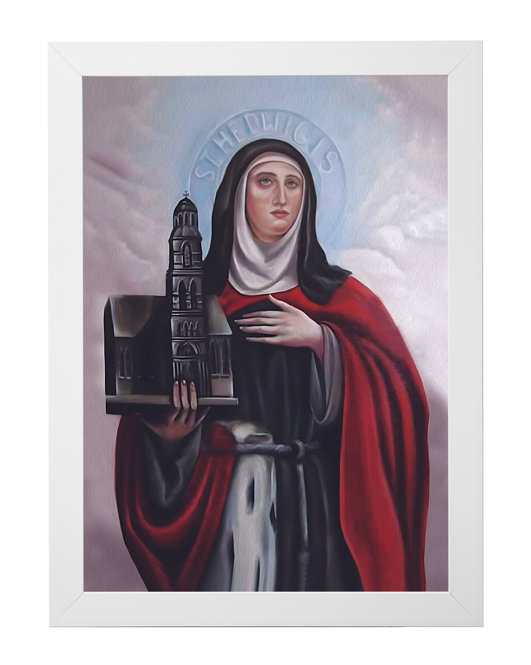 Obraz w rozmiarze 50x70 cm oprawiony w ramę E w kolorze białym. Szerokość ramy ok. 4,5 cm.