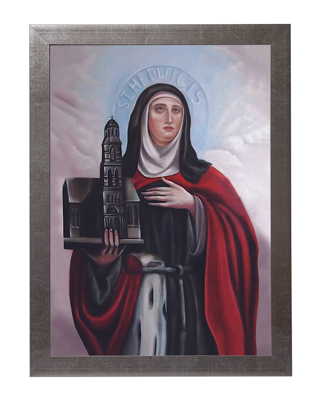 Obraz w rozmiarze 50x70 cm oprawiony w ramę E w kolorze srebrnym. Szerokość ramy ok. 4,5 cm.