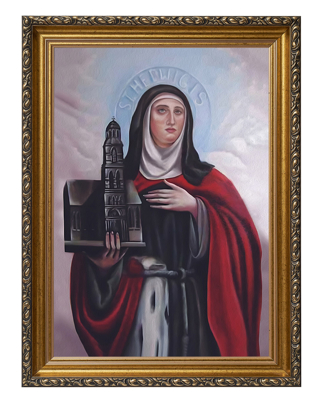 Obraz w rozmiarze 50x70 cm oprawiony w ramę G w kolorze złotym. Szerokość ramy ok. 6 cm.