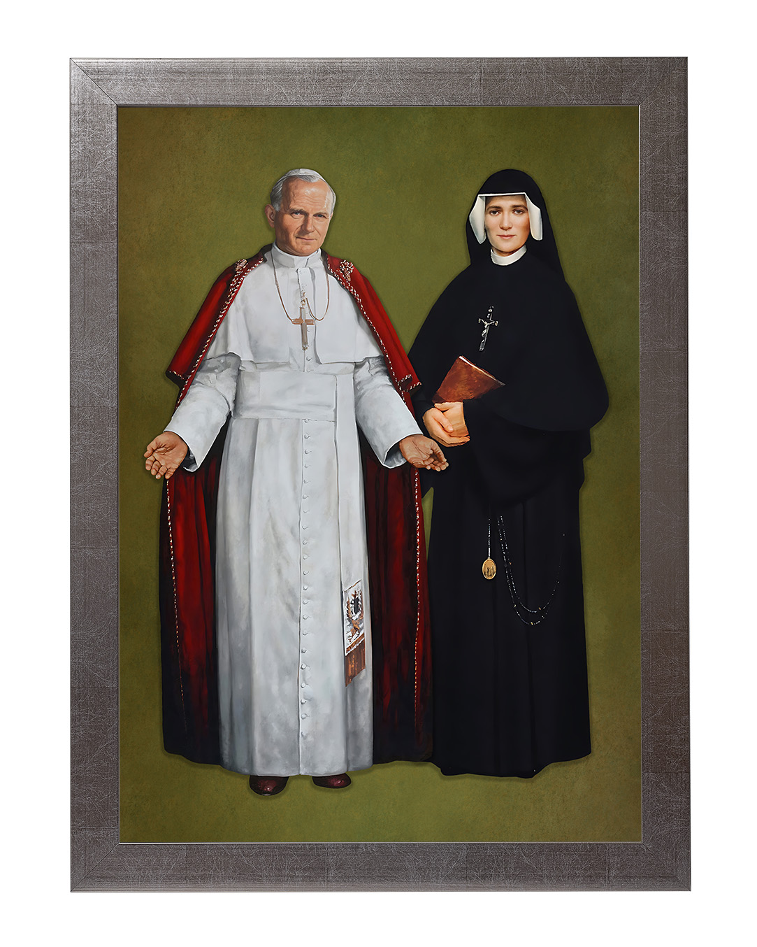 Obraz w rozmiarze 50x70 cm oprawiony w ramę E w kolorze srebrnym. Szerokość ramy ok. 4,5 cm.