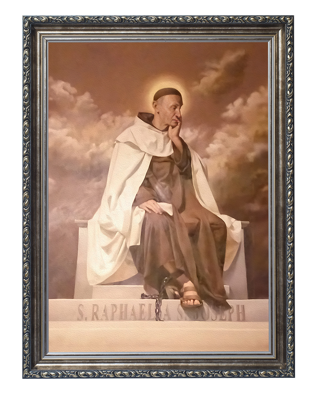 Obraz w rozmiarze 50x70 cm oprawiony w ramę G w kolorze srebrnym. Szerokość ramy ok. 6 cm.