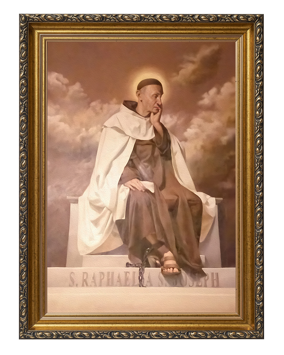 Obraz w rozmiarze 50x70 cm oprawiony w ramę G w kolorze złotym. Szerokość ramy ok. 6 cm.