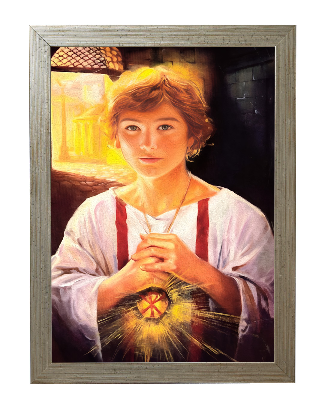 Obraz w rozmiarze 50x70 cm oprawiony w ramę E w kolorze złotym. Szerokość ramy: 4,5 cm.